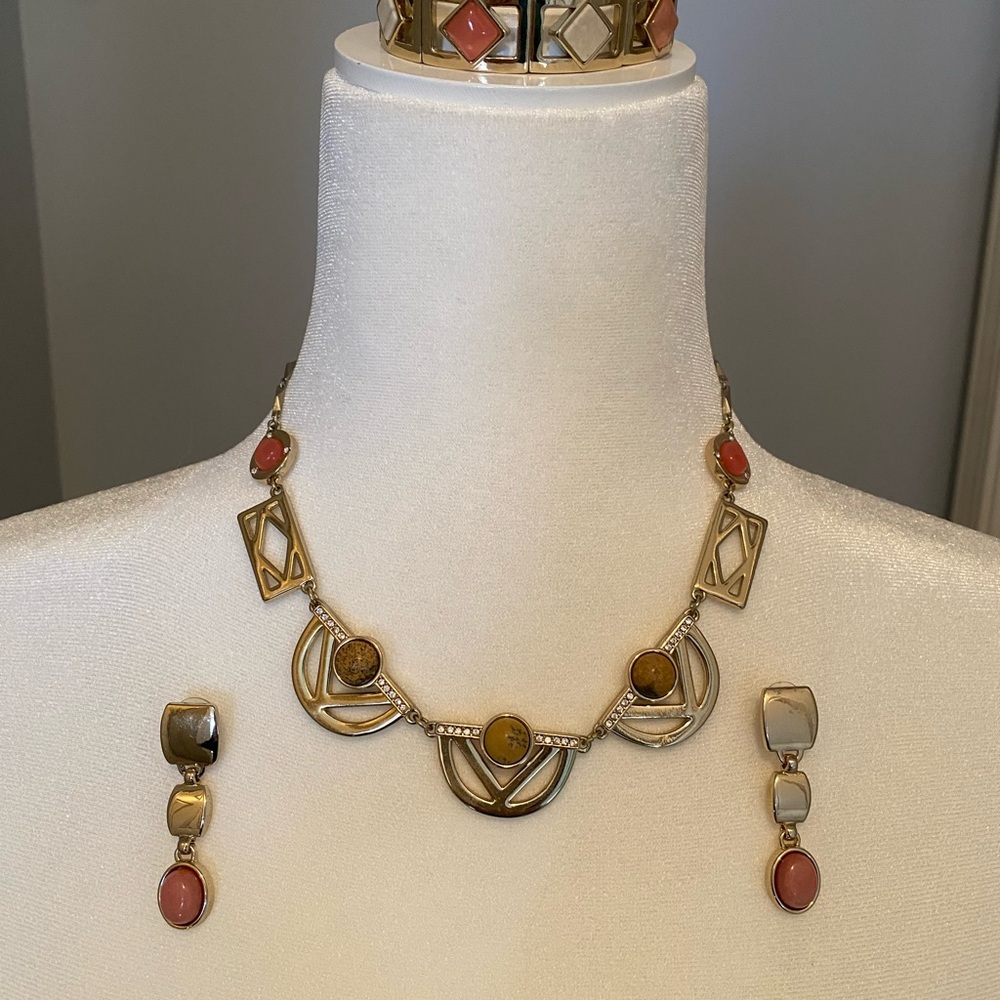 White House Black Market Gold Necklace with Pink and Brown Details